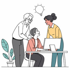 Collaborative office team of young and senior professionals discussing ideas around a computer, inclusive flat design with minimal decor and bright tones