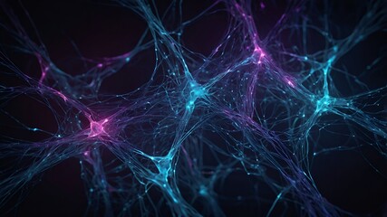 Abstract AI: glowing neural network of light nodes & energy streams. Dark gradient, electric blue to violet. Futuristic, high contrast.