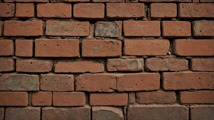 Close-up: Timeworn clay bricks, earthy reds, chips, stains. Dramatic light, rough texture. Architectural, sharp focus.