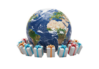 Isolated Earth Globe Surrounded by Gift Boxes, Global Celebration