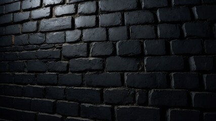 Architectural obsidian: Monolithic wall of dark, weathered bricks. Faint mortar lines, strong raking light, tactile surface. Moody, crisp.