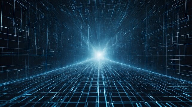 Futuristic abstract: glowing digital grid, 3D info patterns. Floating codes, deep blues. Sharp, Tron/Matrix inspired.