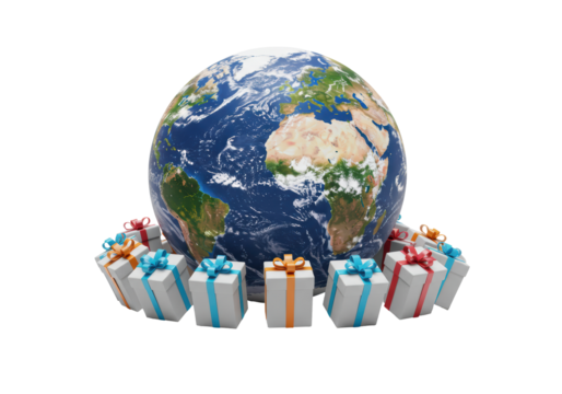 Isolated Earth Globe Surrounded by Gift Boxes, Global Celebration
