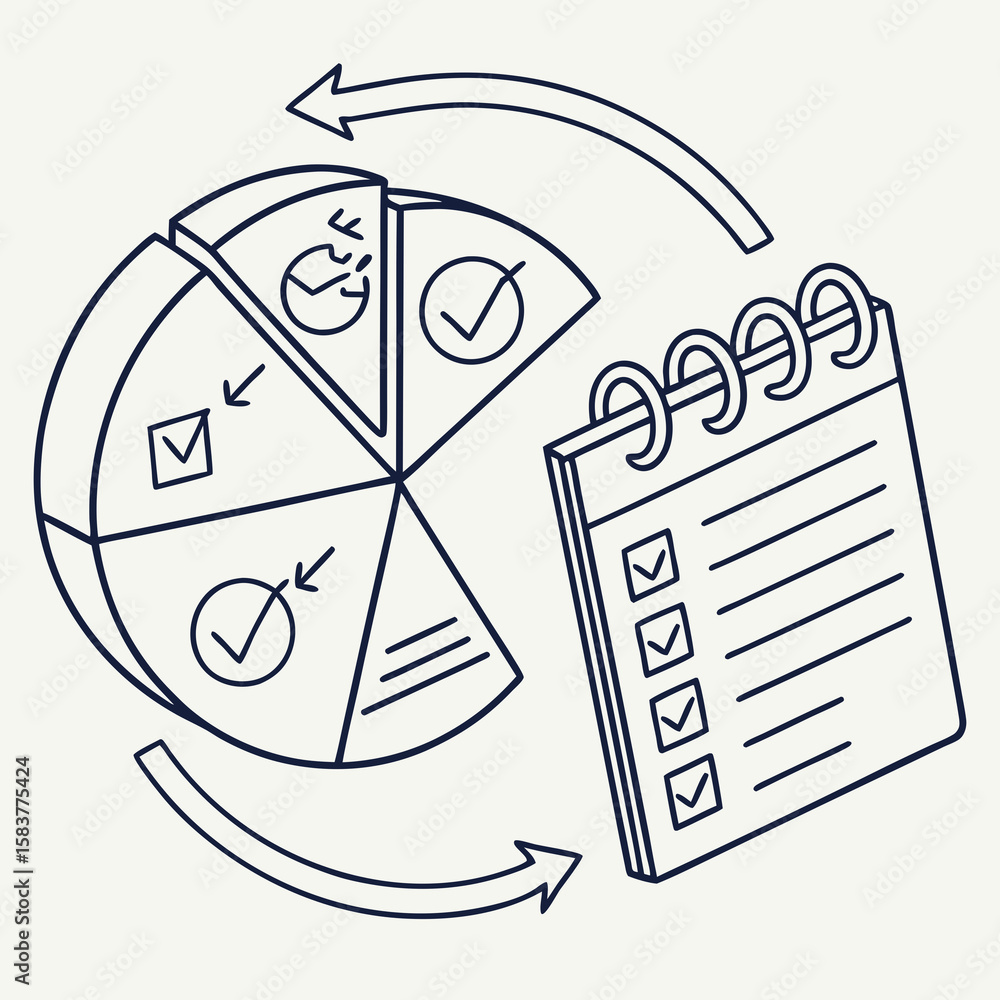Poster minimal line icon of a pie chart transforming into a task list, merging productivity and analytics d