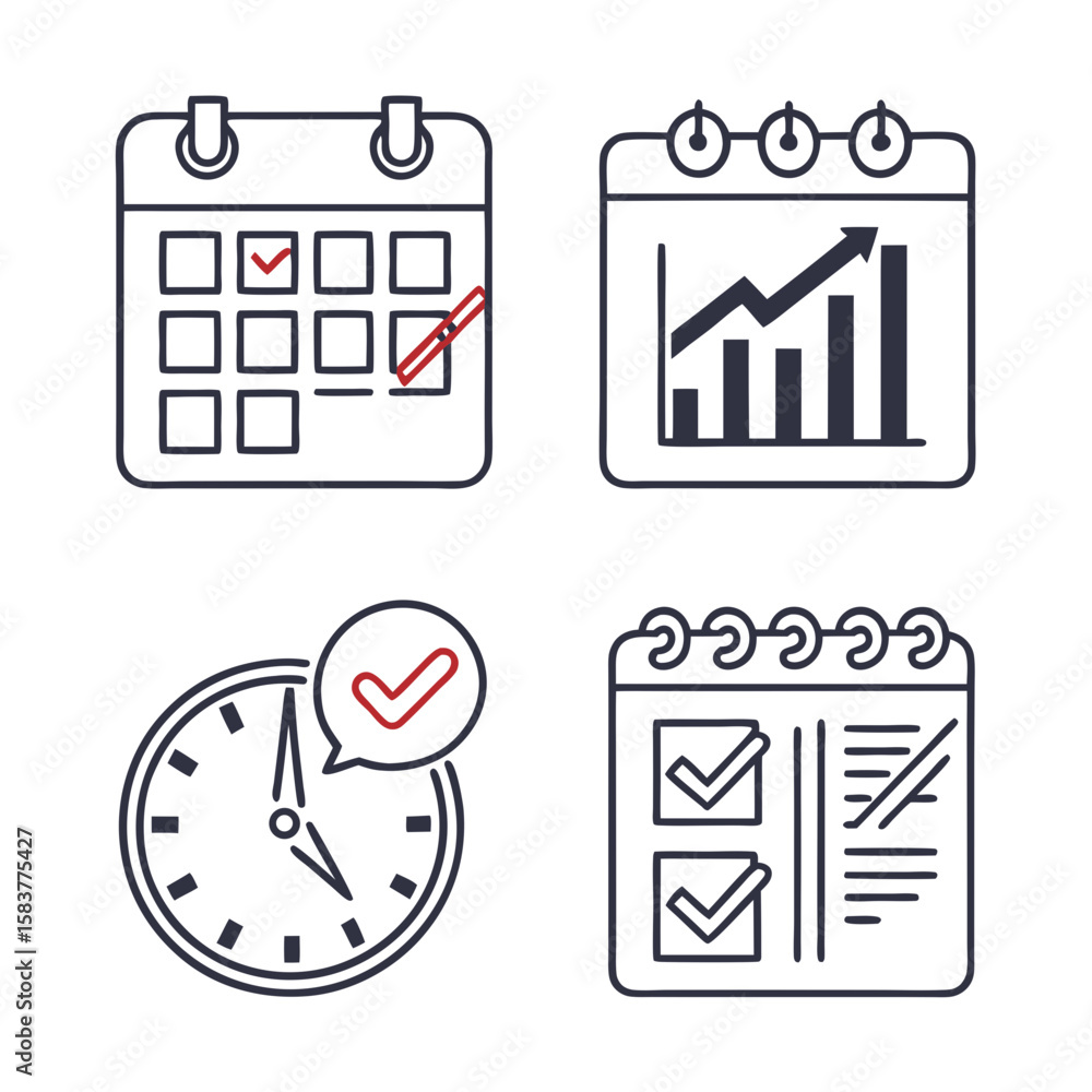 Poster minimal line vector icon set of dashboard elements: calendar, chart, and checklist, consistent strok