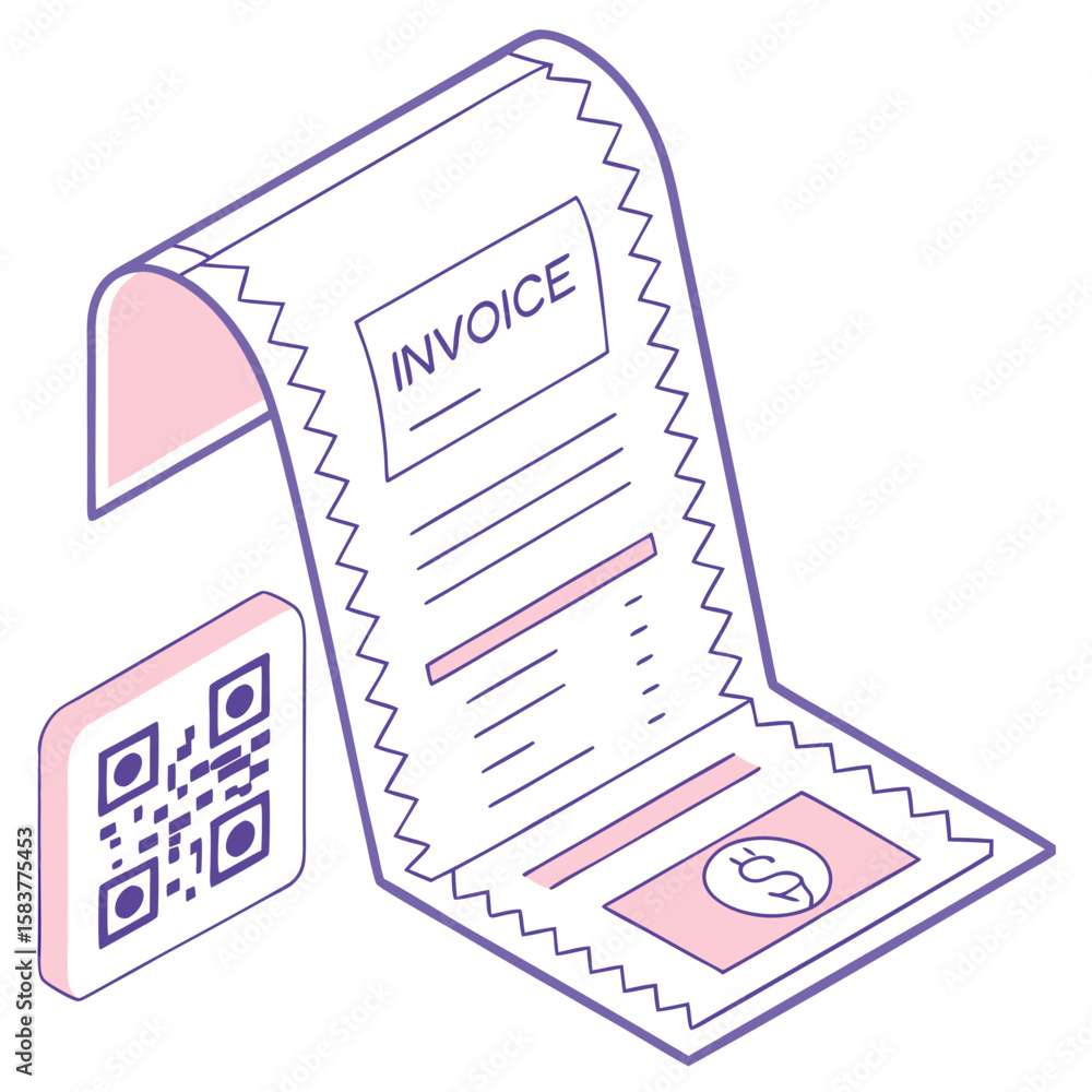 Poster modern flat icon of an invoice document with qr code, finance dashboard system, pastel ui vector sty