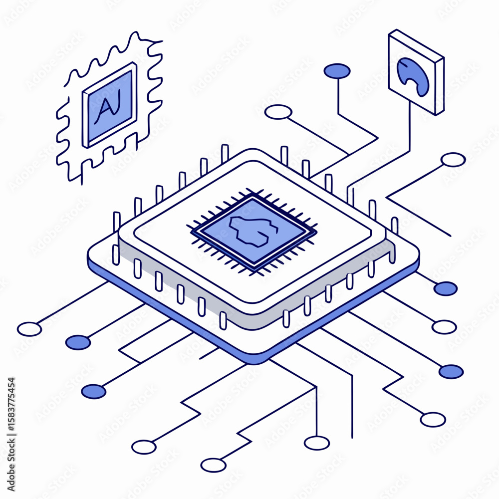 Poster modern flat isometric illustration of an ai neural chip, floating in a virtual network grid, symboli