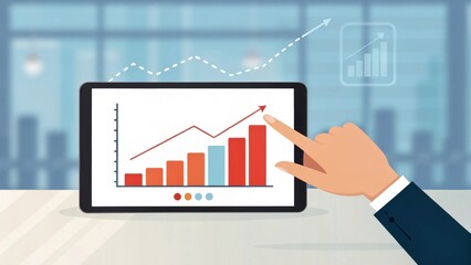 Tablet displaying a financial graph with an upward trend and a hand pointing at it.