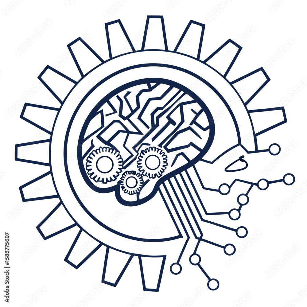 Poster stylized tech brain chip icon fused with a neural web structure, symbolizing cognitive computing, ma