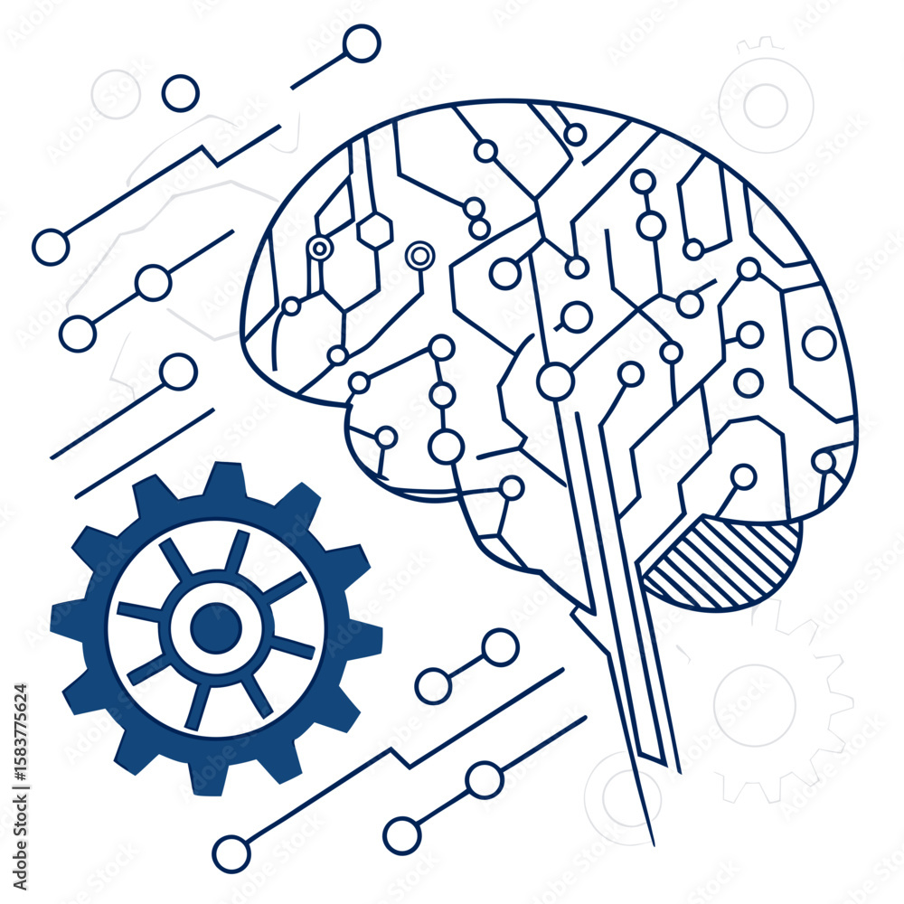 Poster stylized digital brain composed of connected lines, dots, and circuit paths, representing deep learn
