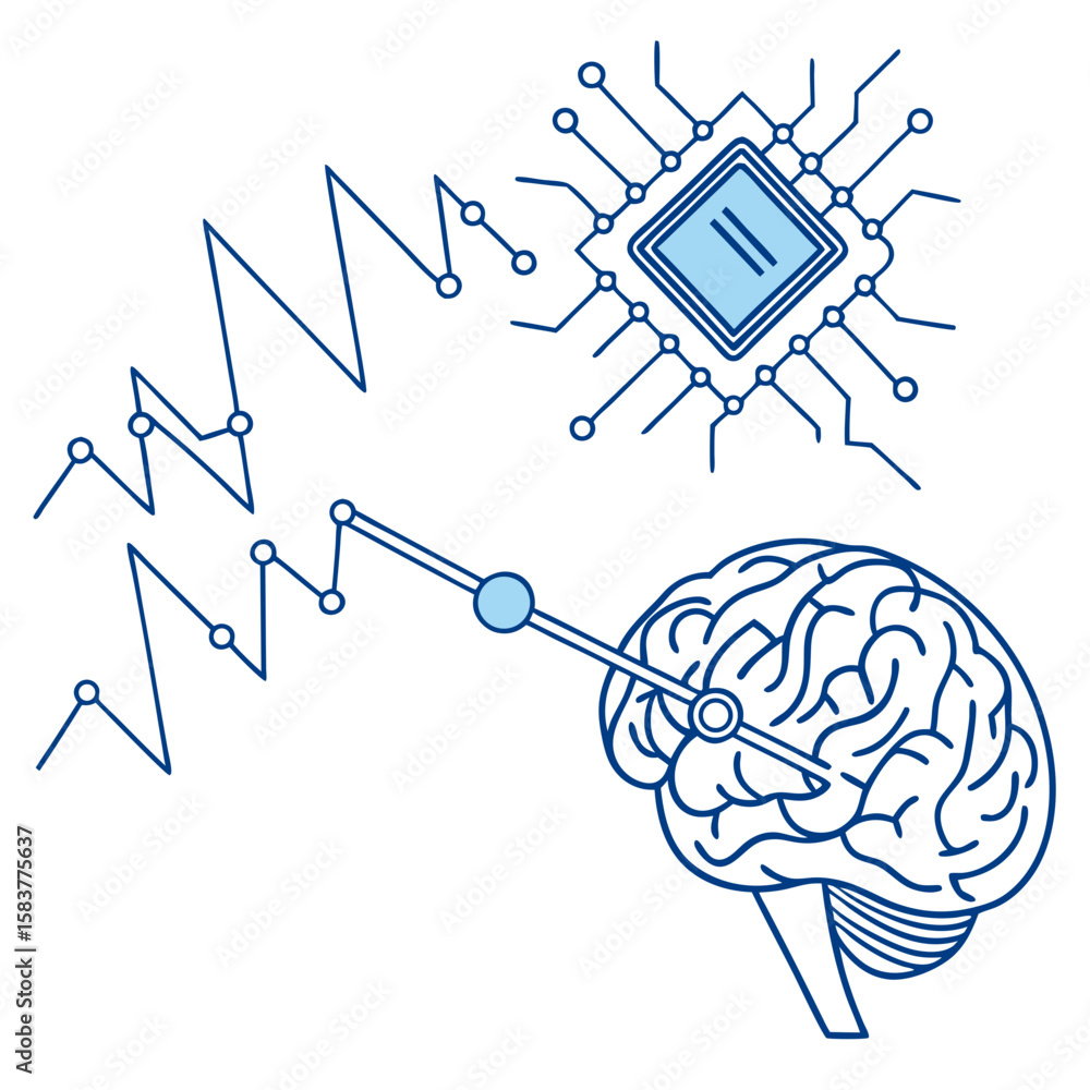 Poster vector art of a neural network system connecting to a central brain chip, with dynamic pulses of lig