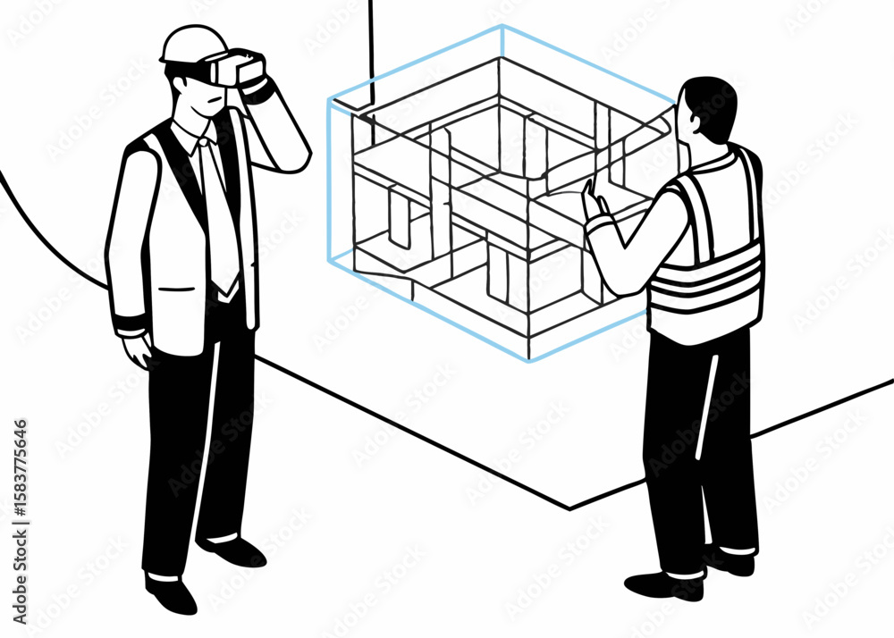Poster architects examining a 3d model in a virtual reality environment illustrating future planning proces