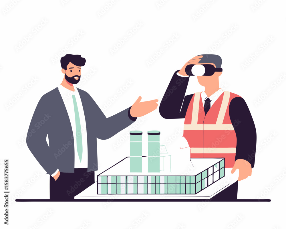 Poster architect and engineer discussing building model and using vr headset technology on white background