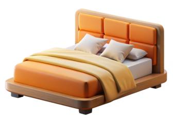 Cozy modern bed with orange upholstered headboard and yellow blanket isolated on transparent background