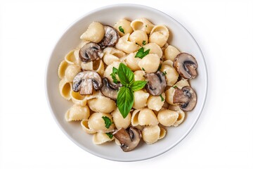 Conchiglie Pasta with Creamy Mushroom Sauce Italian Comfort Food on White Background