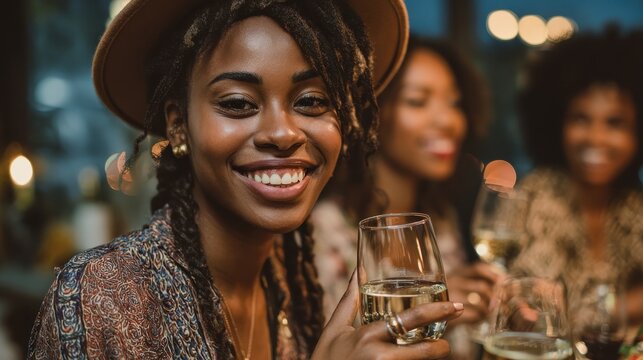 Happy young african woman holding wine glass with friends at party. Portrait of beautiful black girl enjoying new yearâs eve with friends. Cheerful smiling woman drinking champagne at evening party