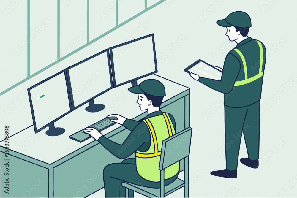 Aufkleber security personnel managing data surveillance using computer monitors with one person checking a tab