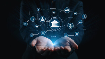 Fototapeta premium Futuristic digital law interface displaying justice scale, highlighting digital law, AI compliance, digital law systems, and digital law regulations for secure governance. Elide
