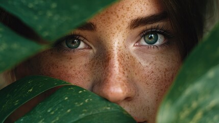 Close up face of beautiful young woman covering her face by green monstera leaf while looking at camera. Portrait of beauty woman with natural makeup and freckles standing behind big green leaves., n