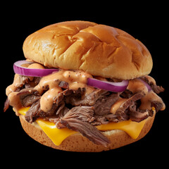 Delicious pulled meat sandwich with cheese and onion isolated on transparent background