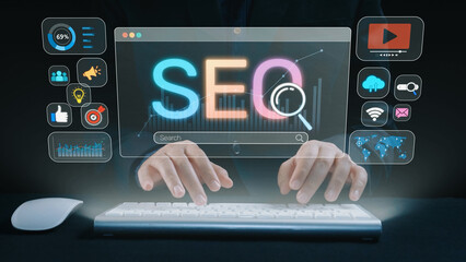SEO concept for improving SEO visibility, with SEO related digital tools and SEO performance icons...
