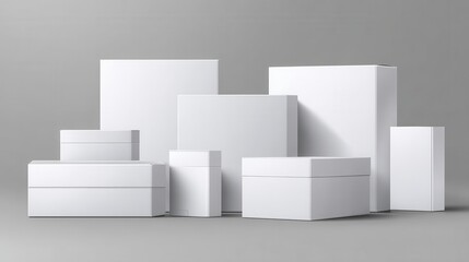 White cardboard boxes. Blank medicine package in different sizes. Medical product square box 3d vector isolated mockups, no logos, no brands