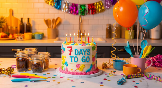 Festive celebration in the kitchen featuring a countdown cake, colorful balloons, and confetti for a special occasion.