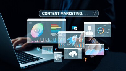 Content marketing interface with data dashboards, analytics charts, and content tools. Marketing...