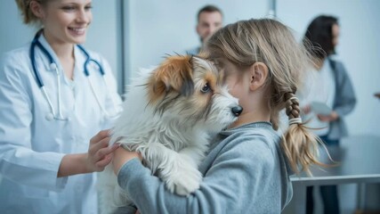 Smiling young girl hugging her dog at a veterinary clinic with a vet and parent visible in the background.