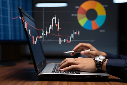 Person analyzing financial data on a laptop with glowing stock market charts and a pie chart in the background