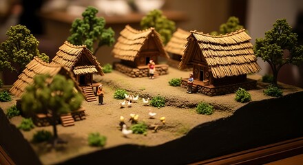Obraz premium Miniature village scene with thatched-roof houses, tiny figures, and geese.