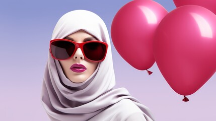 Stylish Female Fashion Icon Wearing a Hijab, Smiling in a Studio Surrounded by Shiny Balloons