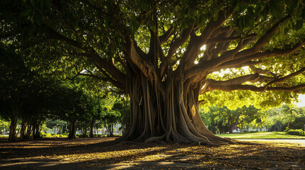 Majestic Banyan Tree with Aerial Roots in a Lush Green Park