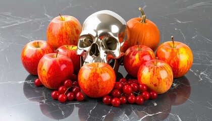 A modern Vanitas still life for Halloween with a metallic skull, apples, and pumpkins. Reference Image