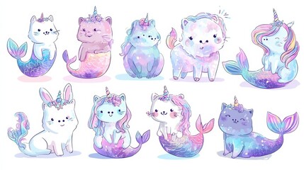 Cat unicorn mermaid. Graphic happy magic mermaids. Funny cartoon kitten hare pony. Sea life clipart for kids, cute ocean animals vector set, no logos, no brands