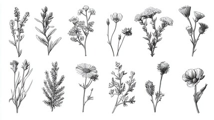 Wild flower. Natural herb and weeds sketch collection. Wild medicinal flower hand drawn botanical set isolated on white background. Vintage summer field or meadow flowering plant illustration, no log