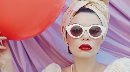 Fashionable woman in a colorful turban and retro sunglasses, holding a red balloon on purple.