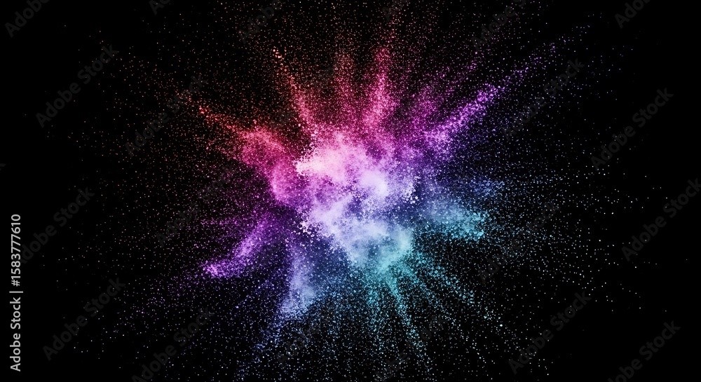 Poster abstract explosion of colorful particles emanating from a central point against a dark background, c