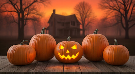 A line of five pumpkins, one carved and glowing, sit on a wooden table at dusk