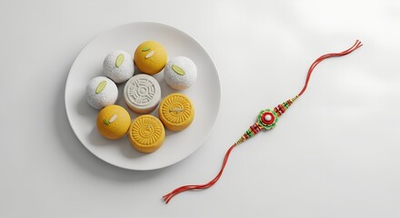 Colorful Indian sweets with traditional rakhi on a white plate - Concept of Raksha Bandhan  