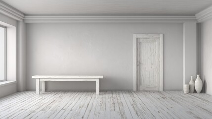 Empty, light-colored room with a wooden bench and door.