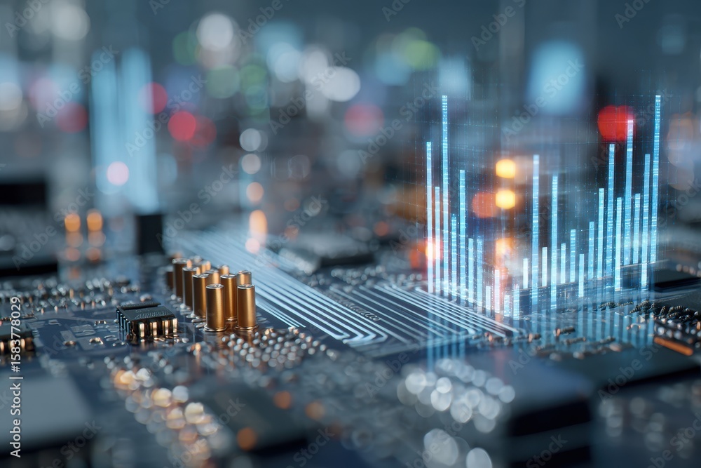 Poster financial graphs overlaying electronic circuits showcase data trends and technology integration in m