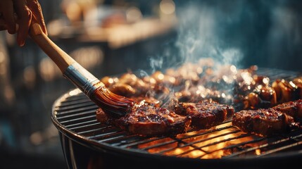 cooking, culinary and food concept - close up of hand with brush smearing marinade sauce on barbecue meat roasting on brazier grill outdoors, no logos, no brands