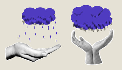 Contemporary art collage with halftone hands and drawn clouds.