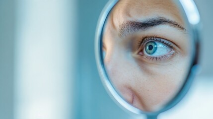 Worried woman looking into a mirror reflecting her eye and expression, Mirror Reflecting Worried Face, Generation blur, concept of "blur" and evolving identities, psychological aspect, 