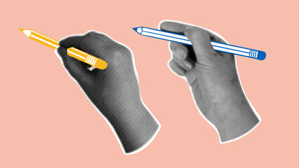 Different school pencil. Pencil with Rubber eraser. Contemporary art collage.