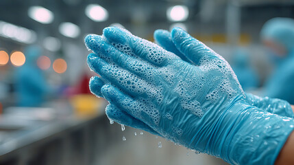 Washing hands with soap and water using blue protective gloves in clean environment for hygiene safety