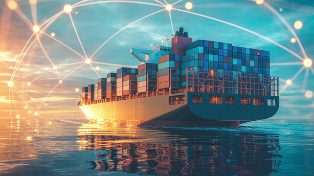 Smart shipping and logistics concept: An aerial shot of a fully loaded container ship at sea during sunset. The ship is enveloped in a glowing plexus network of blue and orange data points, representi