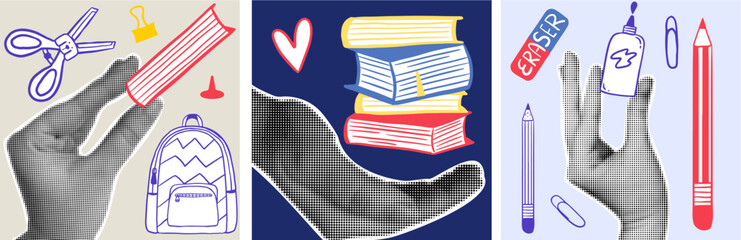 Back to school vintage collage design. Halftone hands with school supplies, books, backpack. Retro cards, posters or banners.