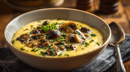 Creamy polenta topped with savory sautéed mushroom medley and fresh herbs in ceramic bowl